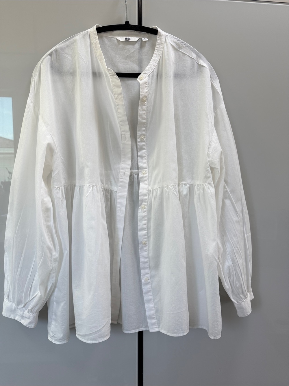 Uniqlo White Gathered Button-Down Peplum Shirt